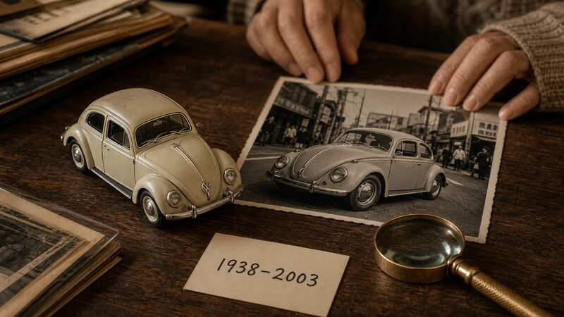 フォルクスワーゲン ビートルのミニカーと実車の歴史資料を並べた写真