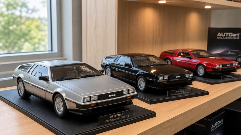 再販されたオートアートのデロリアン現行3色（サテンシルバー・ブラック・レッド）を並べたイメージ