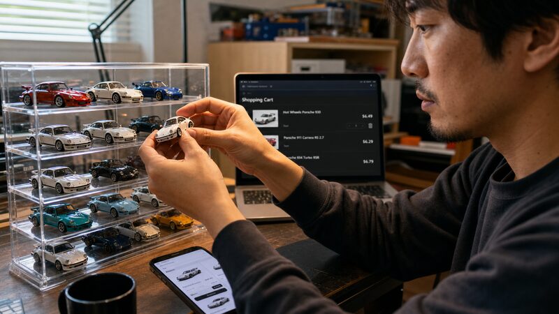 ホットウィールのポルシェ930を購入して自宅で飾る男性の手元