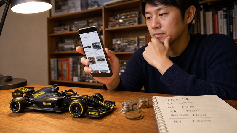 初心者がF1ミニカー1/64の購入先をスマートフォンで検索している様子