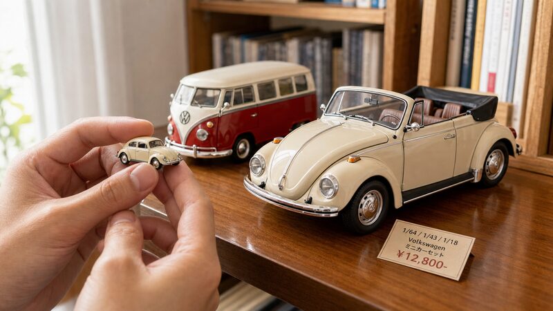 スケール別に並べたフォルクスワーゲンのミニカーを比較する写真