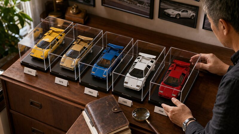 オートアート カウンタック5台を年代順に並べたコレクションディスプレイ
