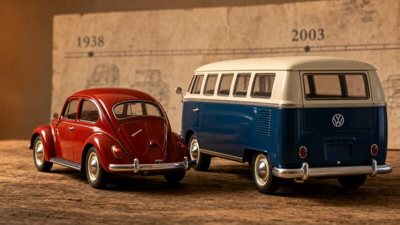フォルクスワーゲン ビートルとタイプ2のミニカーを並べた歴史紹介の写真