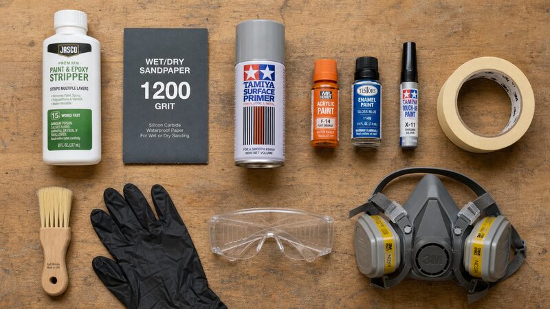 ミニカー再塗装に必要な道具一式（剥離剤・プライマー・保護具）