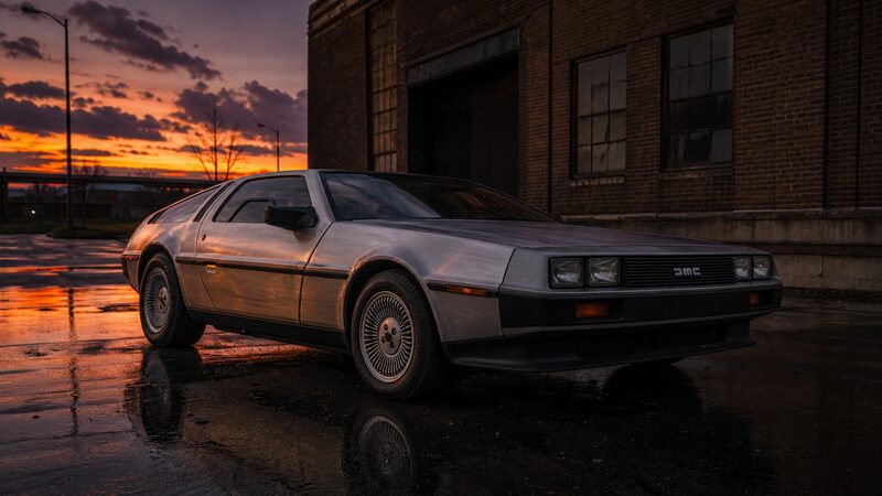 夕暮れの中にたたずむ実車のデロリアン DMC-12 のイメージ