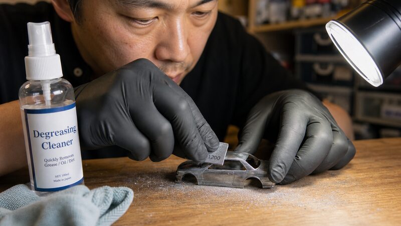 耐水ペーパーでミニカーのボディを下地処理している様子