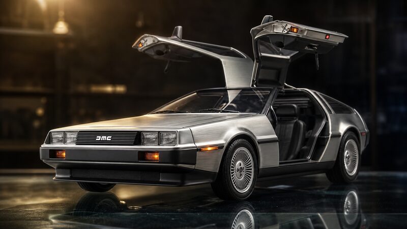 ガルウイングドアを開いたオートアートのデロリアン DMC-12 1/18ミニカー（ステンレス仕上げ）