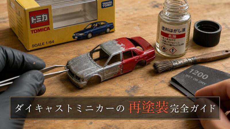 ダイキャストミニカーの再塗装作業風景、剥離途中のボディと塗装用品