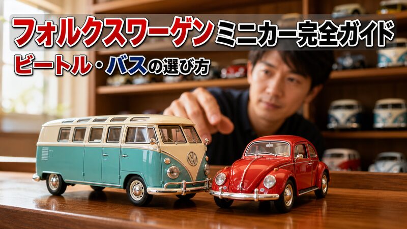 フォルクスワーゲン ビートルとワーゲンバスの1/64ミニカーを並べたコレクション棚の写真